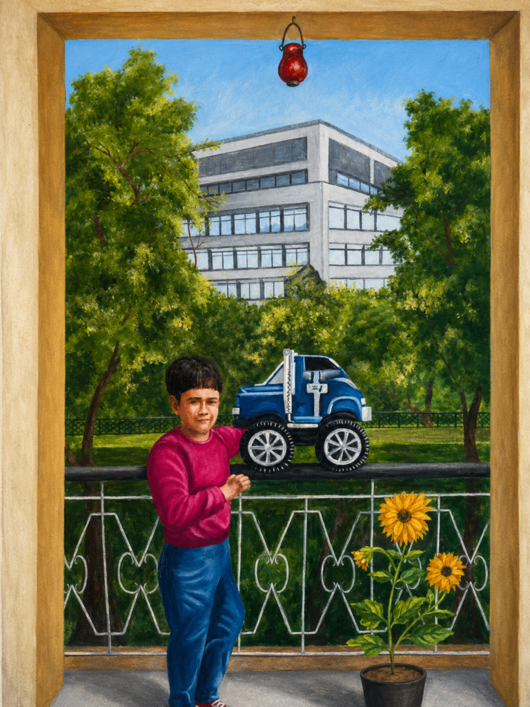 Childhood Dreams on the Balcony – Nostalgic Life Painting